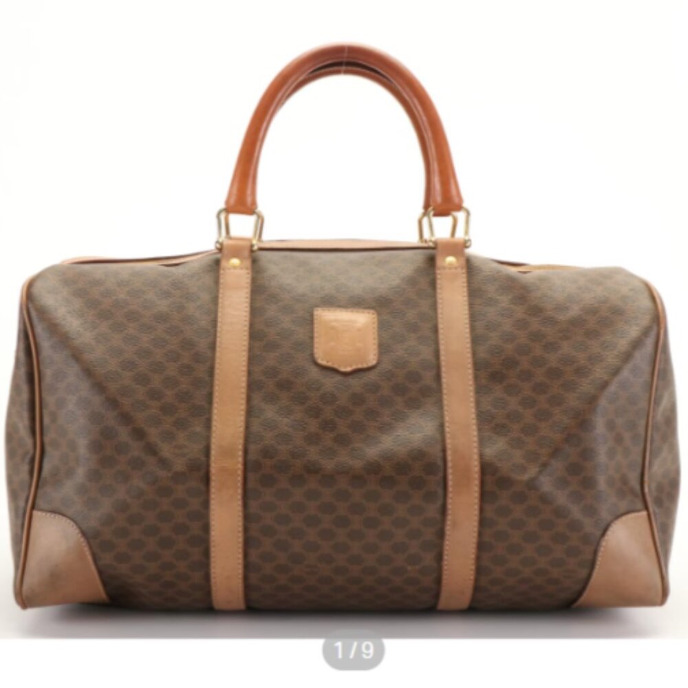 CELINE Paris Macadam Triomphe Boston Bag in Brown Coated Canvas Large for Travel